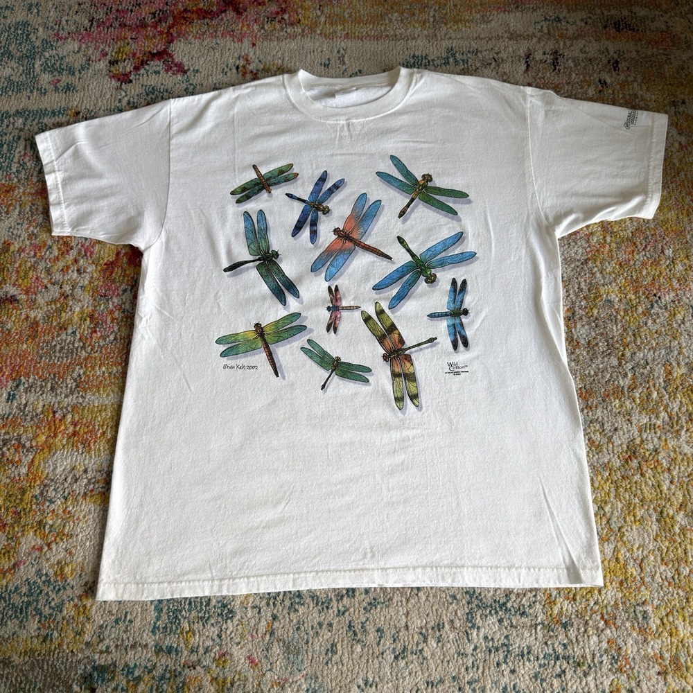Vintage 2002 Wild Cotton Dragonfly Nature Graphic T-Shirt Mens XL White Anvil